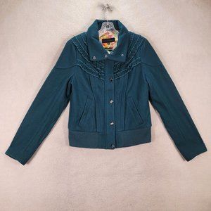 Steve Madden Teal Wool Blend Collar High Neck Ruffle Luxe Snap Moto Jacket Coat